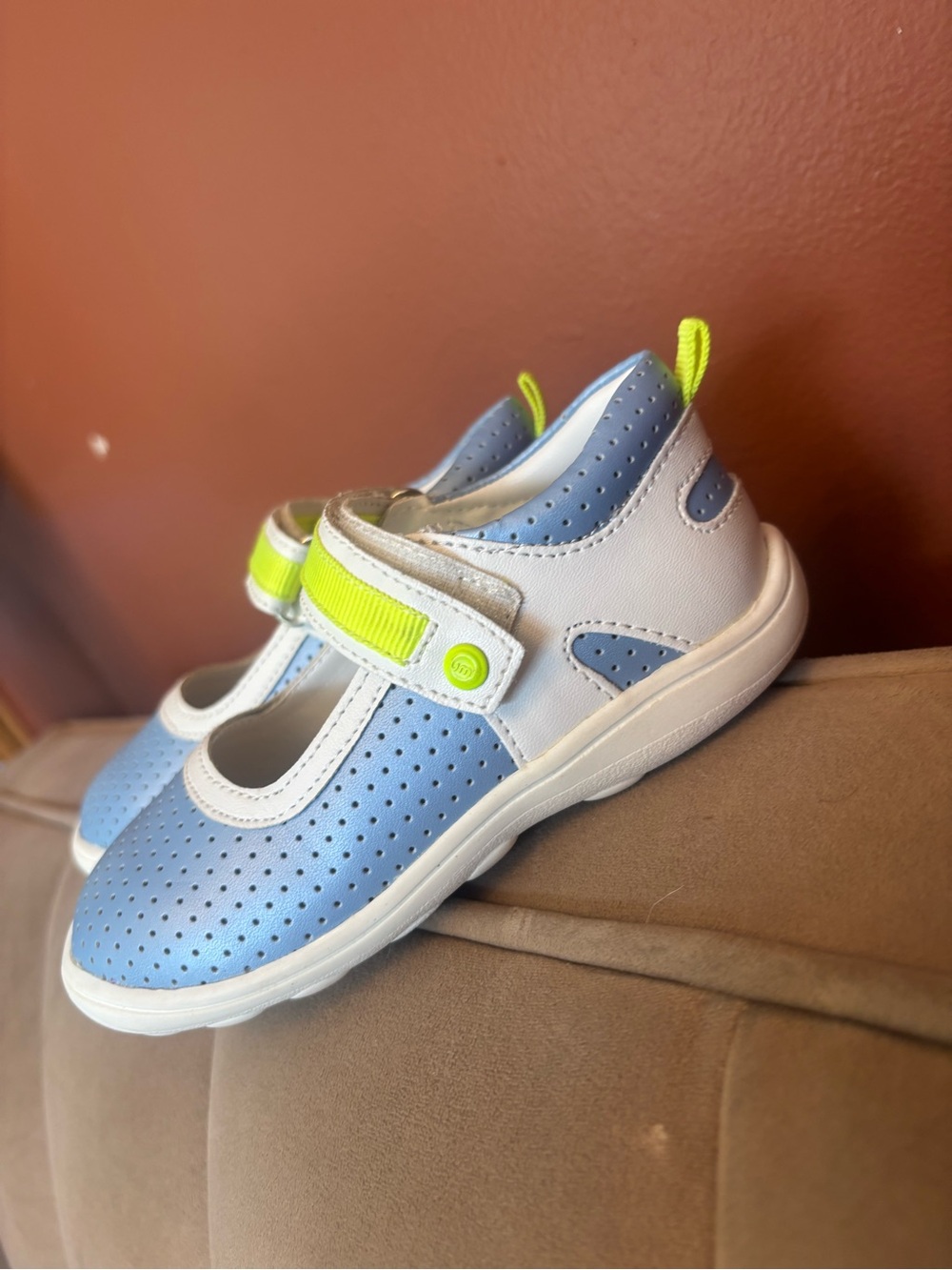 Kids UMI Leather Blue/White/Neon Yellow Mary Jane Shoes Toddler Size 8